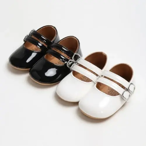 QWZban Baby Shoes Mary Jane Flats Non Slip Soft Sole Infant Toddler Sneakers First Walkers Party Christmas Dress Shoes - 4