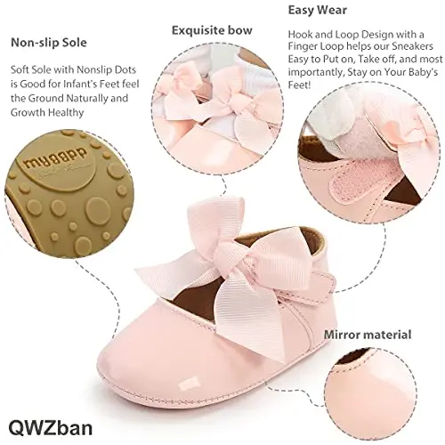 QWZban Baby Shoes Mary Jane Flats Non Slip Soft Sole Infant Toddler Sneakers First Walkers Party Christmas Dress Shoes - 3
