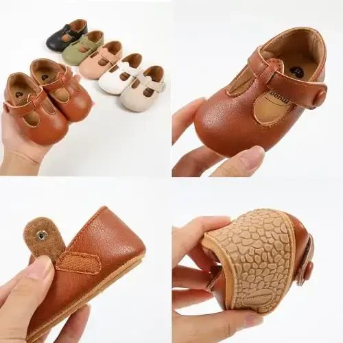 QWZban Baby Shoes Mary Jane Flats Non Slip Soft Sole Infant Toddler Sneakers First Walkers Party Christmas Dress Shoes - 4