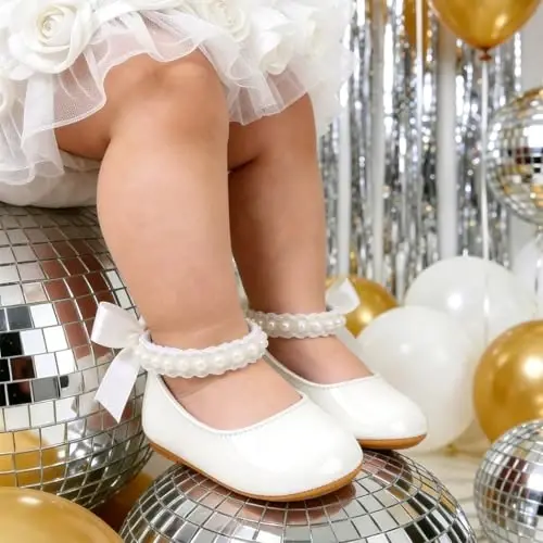 QWZban Baby Shoes Mary Jane Flats Non Slip Soft Sole Infant Toddler Sneakers First Walkers Party Christmas Dress Shoes - QWZBAN (1)