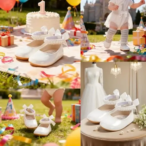 QWZban Baby Shoes Mary Jane Flats Non Slip Soft Sole Infant Toddler Sneakers First Walkers Party Christmas Dress Shoes - 4