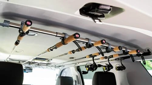 R RODLOK 2 Pc Fishing Rod Holder for Car- Fishing Pole Rack - SUV Truck Fly Rod Holder - Holders for Garage Organization & Storage Rack Wall Organizer for Mops, Brooms, Shovel- Car Clothes Hanger bar - R
