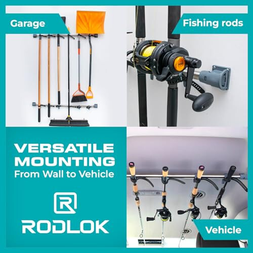 R RODLOK 2 Pc Fishing Rod Holder for Car- Fishing Pole Rack - SUV Truck Fly Rod Holder - Holders for Garage Organization & Storage Rack Wall Organizer for Mops, Brooms, Shovel- Car Clothes Hanger bar - 5