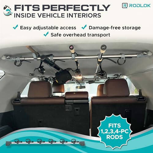 R RODLOK 2 Pc Fishing Rod Holder for Car- Fishing Pole Rack - SUV Truck Fly Rod Holder - Holders for Garage Organization & Storage Rack Wall Organizer for Mops, Brooms, Shovel- Car Clothes Hanger bar - 6