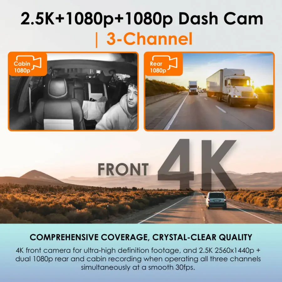 R316-3 Uch kanalli dash kamera - 2,5K Old kamerasi, ikki 1080p Orqa va Salon kamerasi, Wi-Fi, GPS, Parkovka monitori va G-sensori - 5