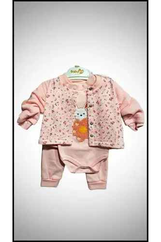 Rabbit Embroidered 3-Piece Baby Girl Onesie Set - 1