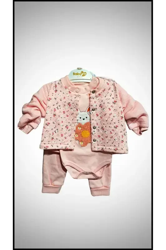 Rabbit Embroidered 3-Piece Baby Girl Onesie Set - 1