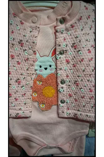 Rabbit Embroidered 3-Piece Baby Girl Onesie Set - 3