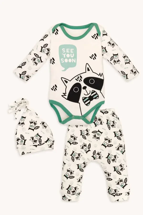 Raccoon Print Long Sleeve Snap Bodysuit Pants And Hat 3 Piece Set - 1
