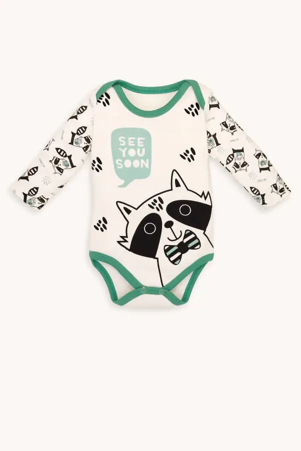 Raccoon Print Long Sleeve Snap Bodysuit Pants And Hat 3 Piece Set - 2