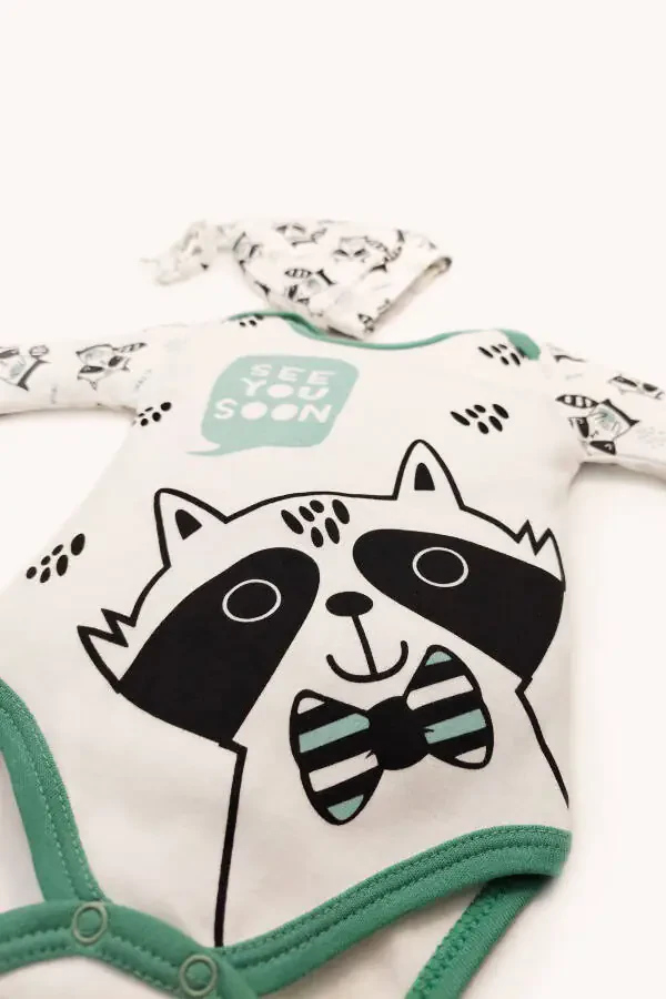 Raccoon Print Long Sleeve Snap Bodysuit Pants And Hat 3 Piece Set - 4