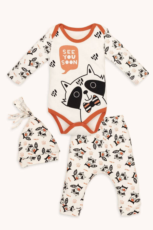 Raccoon Print Long Sleeve Snap Bottom Body Pants And Hat 3 Piece Set - 1