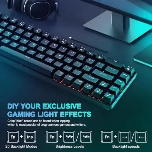 RaceGT simli mexanik oʻyin klaviaturasi - 67 tugmali ultra ixcham mini klaviatura, simli USB klaviaturalar, kompyuter oʻyinlari ish stoli uchun koʻp rangli RGB yoritilgan LED yoritgich (qora)... - 5