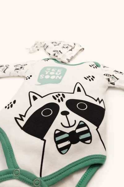 Racoon Naqshli Uzoq Yengli Pastakli Bodisi Shim va Shlyapa 3 qismli To'plam - 4