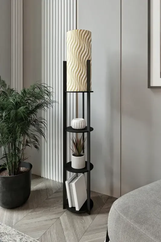 RADIANT ROUND SHELF FLOOR LAMP MADRAN WALNUT-MILKSHAKE CREAM - MESSER