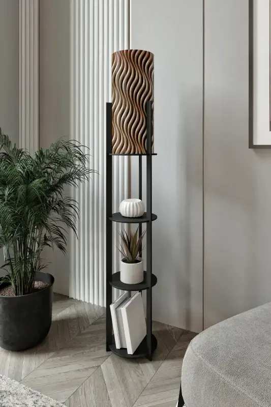 RADIANT ROUND SHELF FLOOR LAMP SAPPHIRE OAK-LATTE COFFEE GOUACHE - MESSER