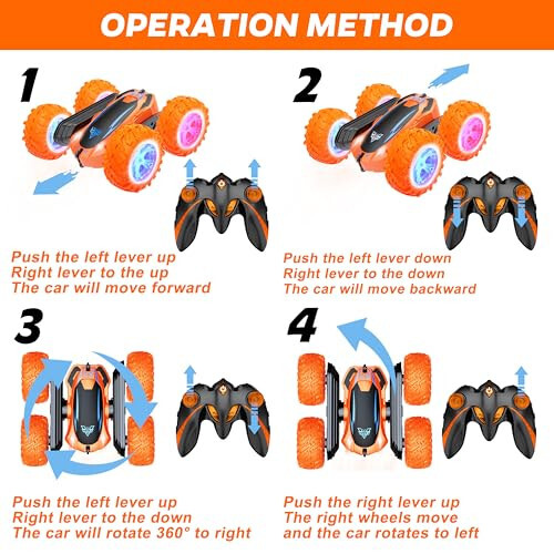 Радиоуправляемая Машина, 2.4GHz Электрический Гоночный Трюковый Автомобиль, Двухсторонняя 360° Поворотная Ротация, LED Фары RC 4WD Высокоскоростной Внедорожник Подарок для Мальчиков 3 4 5 6 7 8-12 Лет (Оранжевый) - 3