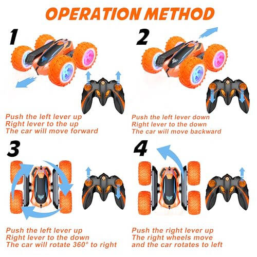Радиоуправляемая Машина, 2.4GHz Электрический Гоночный Трюковый Автомобиль, Двухсторонняя 360° Поворотная Ротация, LED Фары RC 4WD Высокоскоростной Внедорожник Подарок для Мальчиков 3 4 5 6 7 8-12 Лет (Оранжевый) - 10