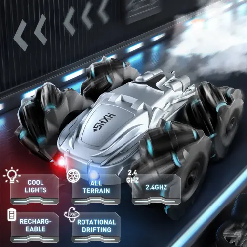 Радиоуправляемая машинка, двусторонняя, вращение на 360°, 4WD, 2,4 ГГц, электрическая, трюковая, перезаряжаемая, для мальчиков и девочек (серебристая) - 1