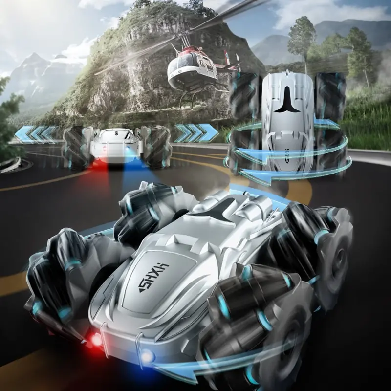 Радиоуправляемая машинка, двусторонняя, вращение на 360°, 4WD, 2,4 ГГц, электрическая, трюковая, перезаряжаемая, для мальчиков и девочек (серебристая) - 8