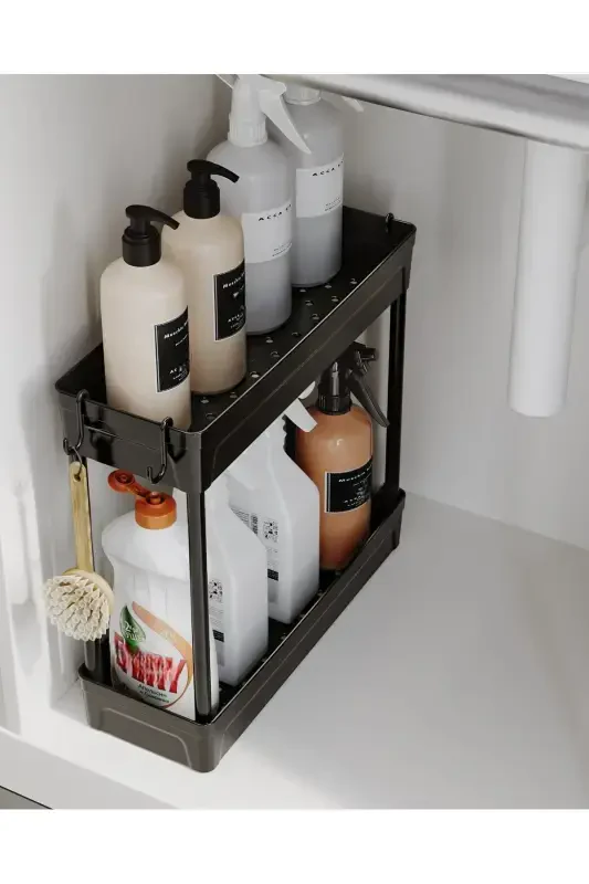 Rafata Çok Amaçlı 2 Katlı Evye Altı Düzenleyicisi Askılı Banyo Düzenleyici Kaydırmaz Tabanlı-siyah - ATA HOME