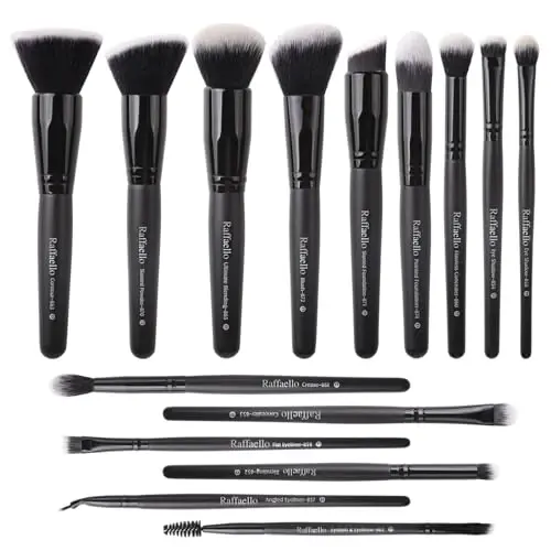 Raffaello Make-up fırçaları 15 dona toʻplam sifatli sintetik kukulardan tayyorlangan pudra, krem asos, kontur, qizilgʻish, konsiler, soya soyalari, aralashtirgich, layner makeup choʻtkalar toʻplami - RAFFAELLO