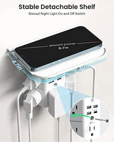 Rafli va tungi chiroq bilan devor rozetkasi uzaytirgichi, tok zarbidan himoya, 5 ta AC rozetkasi va 3 ta USB porti bilan USB devor zaryadlovchi qurilmasi 1 ta USB C rozetkasi Keng maydon 3 tomonli elektr rozetkasi Ko'p qavatli rozetkalar ... - 3