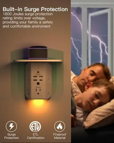Rafli va tungi chiroq bilan devor rozetkasi uzaytirgichi, tok zarbidan himoya, 5 ta AC rozetkasi va 3 ta USB porti bilan USB devor zaryadlovchi qurilmasi 1 ta USB C rozetkasi Keng maydon 3 tomonli elektr rozetkasi Ko'p qavatli rozetkalar ... - 4
