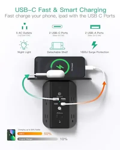 Wall Outlet Extender with Shelf and Night Light, Surge Protector, USB Wall Charger with 5 AC Outlets and 2 USB A Ports 2 USB C Ports Wide Space 3-Sided Power Strip Multi Plug Outlets, Black - 2