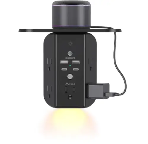 Wall Outlet Extender with Shelf and Night Light, Surge Protector, USB Wall Charger with 5 AC Outlets and 2 USB A Ports 2 USB C Ports Wide Space 3-Sided Power Strip Multi Plug Outlets, Black - 1