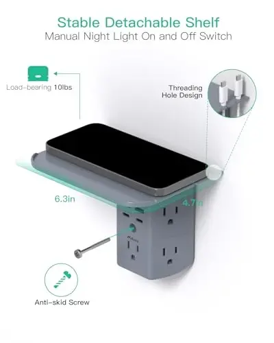 Wall Outlet Extender with Shelf and Night Light, Surge Protector, USB Wall Charger with 5 AC Outlets and 2 USB A Ports 2 USB C Ports Wide Space 3-Sided Power Strip Multi Plug Outlets, Gray - 4