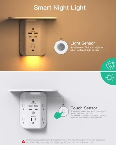 Wall Outlet Extender with Shelf and Night Light, Surge Protector, USB Wall Charger with 5 AC Outlets and 2 USB A Ports 2 USB C Ports Wide Space 3-Sided Power Strip Multi Plug Outlets - 3