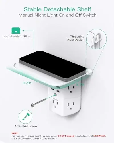 Wall Outlet Extender with Shelf and Night Light, Surge Protector, USB Wall Charger with 5 AC Outlets and 2 USB A Ports 2 USB C Ports Wide Space 3-Sided Power Strip Multi Plug Outlets - 5