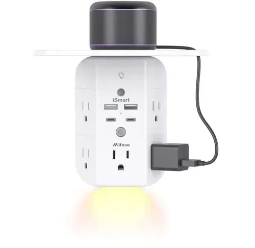 Wall Outlet Extender with Shelf and Night Light, Surge Protector, USB Wall Charger with 5 AC Outlets and 2 USB A Ports 2 USB C Ports Wide Space 3-Sided Power Strip Multi Plug Outlets 