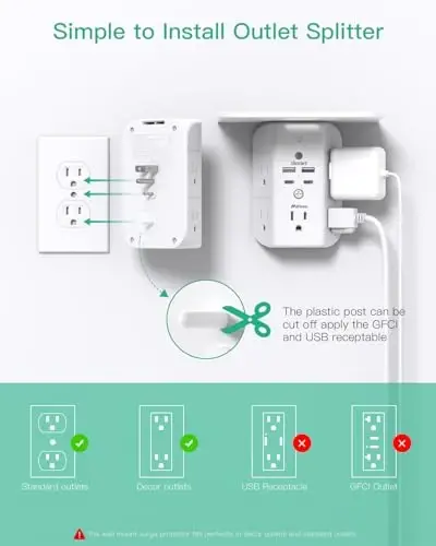 Wall Outlet Extender with Shelf and Night Light, Surge Protector, USB Wall Charger with 5 AC Outlets and 2 USB A Ports 2 USB C Ports Wide Space 3-Sided Power Strip Multi Plug Outlets - 4