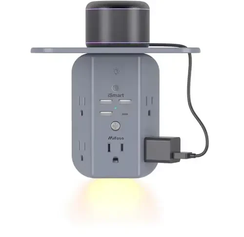 Wall Outlet Extender with Shelf and Night Light,Surge Protector,USB Wall Charger with 5 AC Outlets and 3 USB A Ports 1 USB C Outlet Wide Space 3-Sided Power Strip Multi Plug Outlets, Gray 