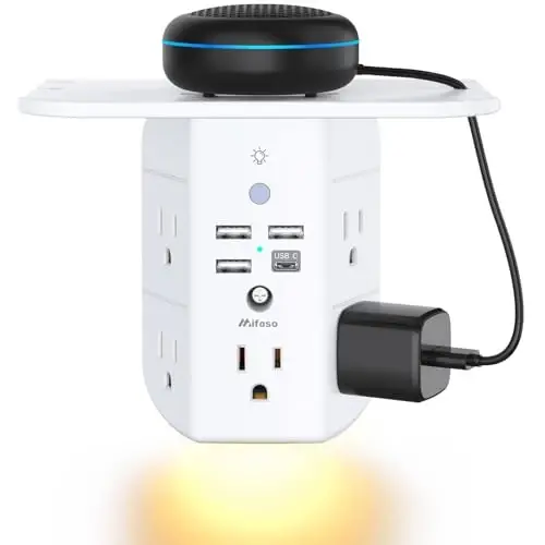 Mifaso Outlet Extender with Shelf and Night Light, 1800J Surge Protector | 5 Wide Outlet Splitter & 4 USB Ports Wall Charger, Multi Plug Wall Outlet Expander, Power Strip Plug Adapter for Home/Dorm/RV 