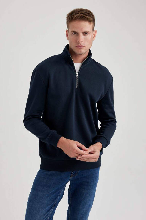 Rahat Fit Fermuarlı Dik Yaka Sweatshirt Lacivert - 14