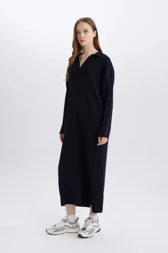 Relax Fit Basıc Polo Yaka Maxi Triko Elbise-Lacivert - 1