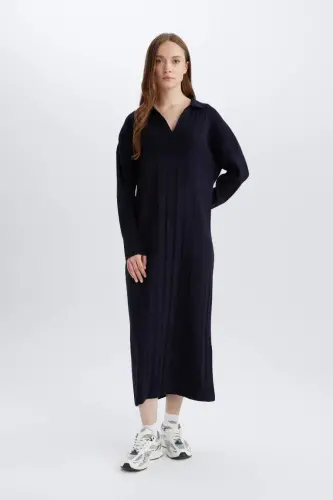 Relax Fit Basıc Polo Yaka Maxi Triko Elbise-Lacivert - 2