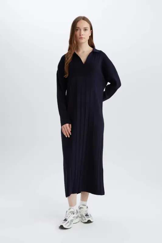 Relax Fit Basıc Polo Yaka Maxi Triko Elbise-Lacivert - 2