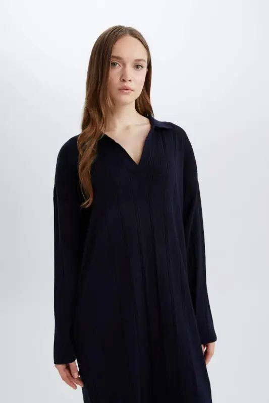 Relax Fit Basıc Polo Yaka Maxi Triko Elbise-Lacivert - 3