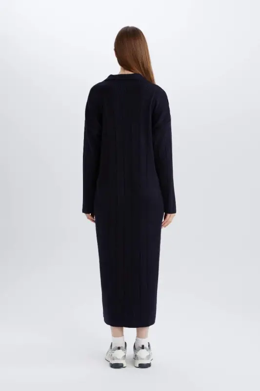 Relax Fit Basıc Polo Yaka Maxi Triko Elbise-Lacivert - 5