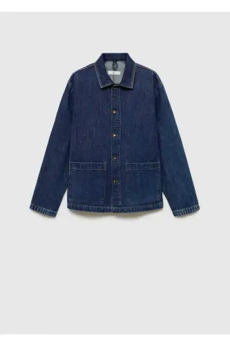 Rahat kesim denim gömlek ceket - Koyu Mavi - 4