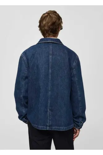 Rahat kesim denim gömlek ceket - Koyu Mavi - 5