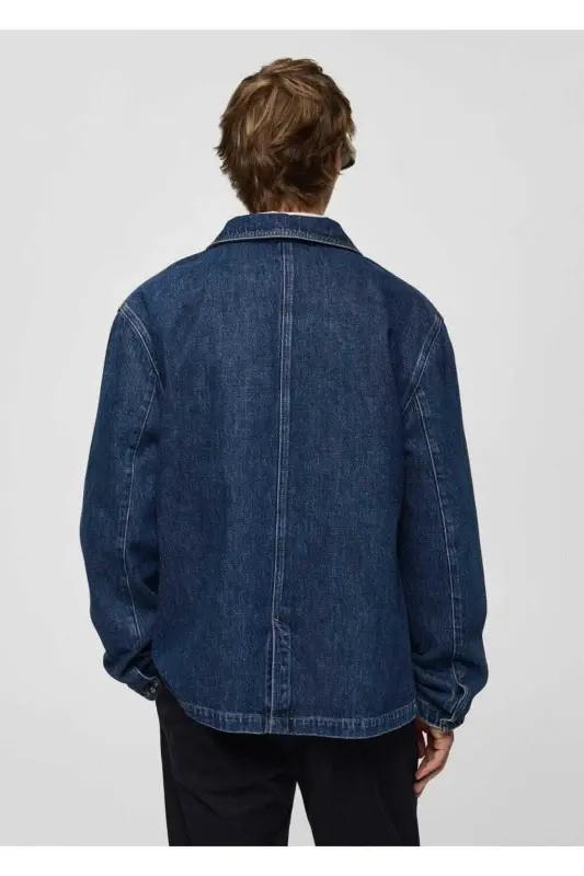 Rahat kesim denim gömlek ceket - Koyu Mavi - 5
