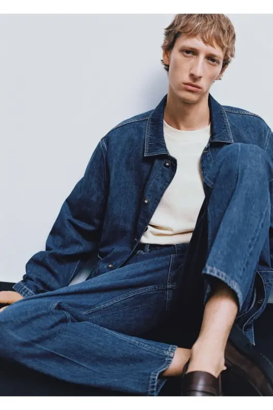 Rahat kesim denim gömlek ceket - Koyu Mavi - 6