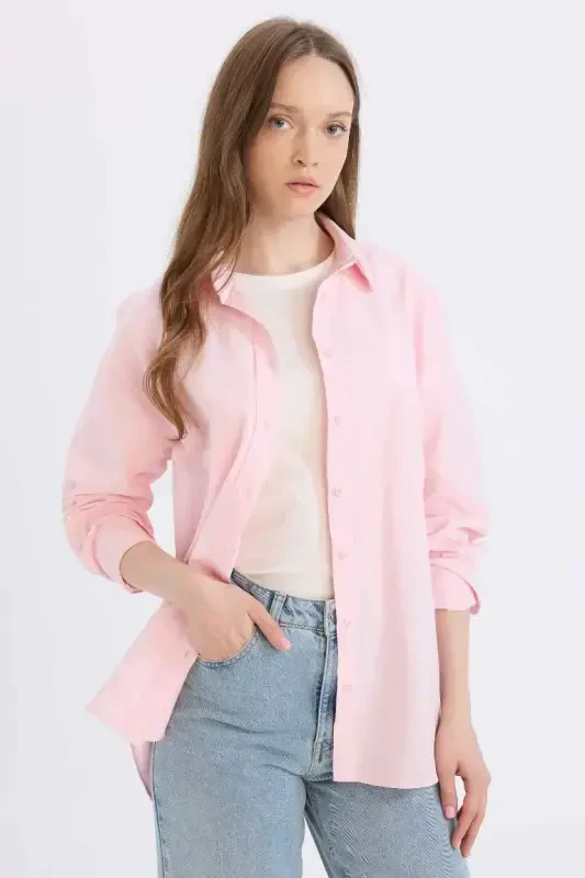 Relax Fit Oxford Uzun Kollu Gömlek Tunik-Açık Pembe - 1