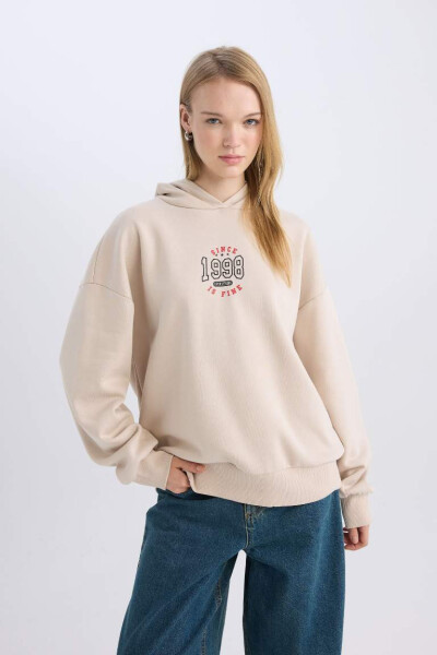 Rahat Kesimli Baskılı Kapüşonlu Sweatshirt Kum - 3