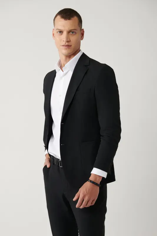 Erkek Siyah Astarsız Su İtici Bi-Stretch Lightweight Comfort Slim Fit Ceket A41Y4030 - Siyah - 1